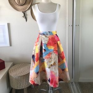 Water Colored, Bright Pleated Midi Skirt, Size 2/4